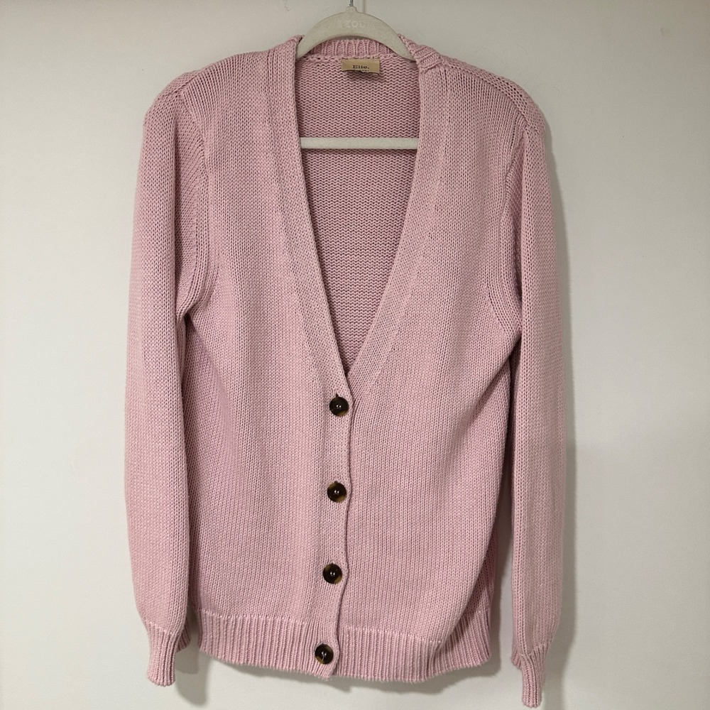 Elie Tahari Cardigan Sweater Womens Medium Pink Cotton‎ Blend Shaker Knit V-Neck